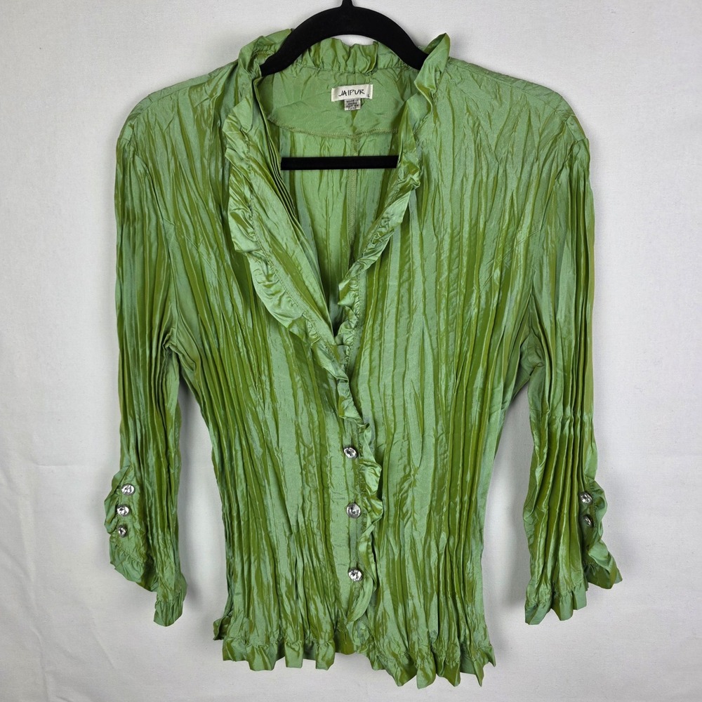 Jaipur Y2K‎ Iridescent Womens Green Crinkle Ruffle Blouse Crystal Button Top L